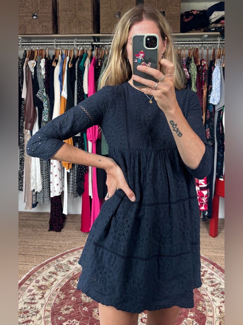Zara Navy Blue Eyelet Tiered Babydoll Mini Dress - Picture 5 of 11